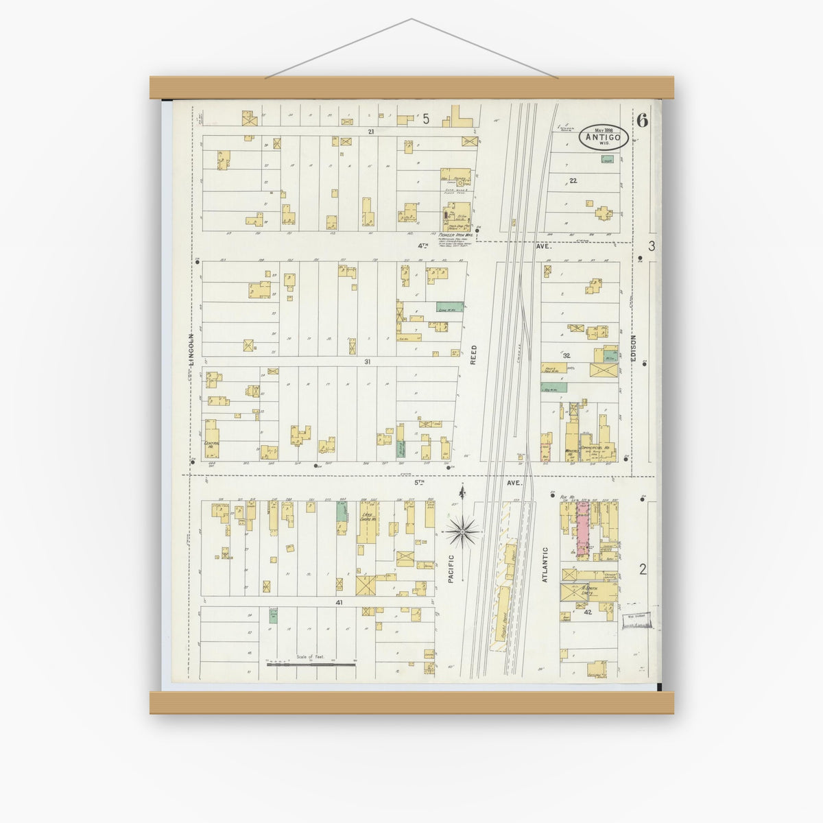 Old map wall art mockup — magnetic wood frame on white wall — Sanborn Fire Insurance Map from Antigo, Langlade County, Wisconsin (1898), Sheet #0006