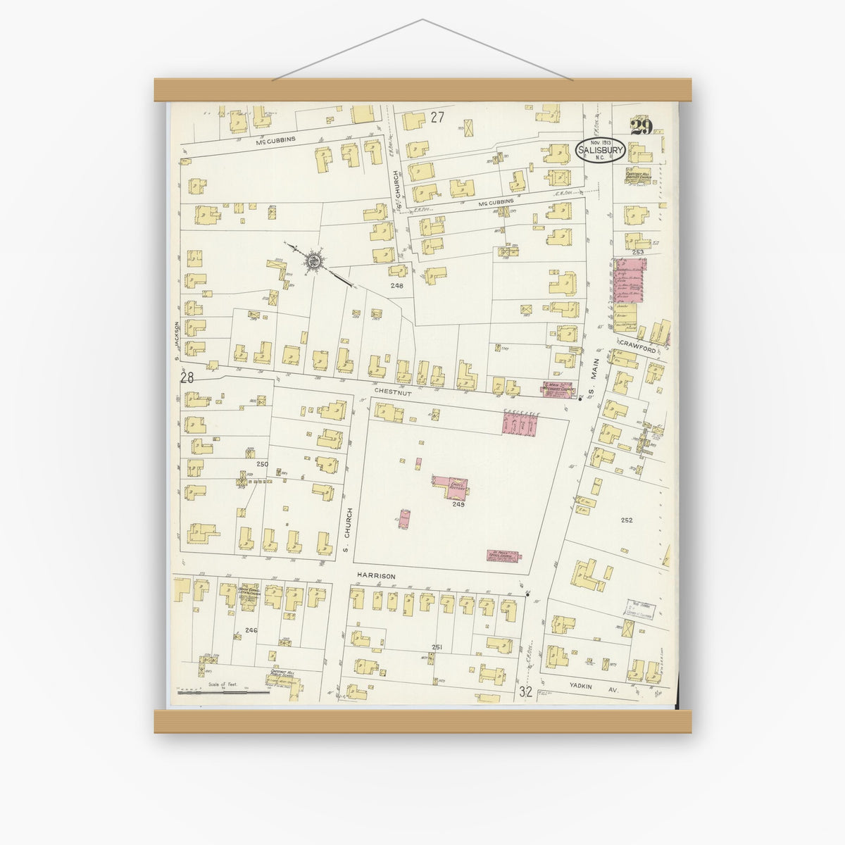 Old map wall art mockup — magnetic wood frame on white wall — Sanborn Fire Insurance Map from Salisbury, Rowan County, North Carolina (1913), Sheet #0029
