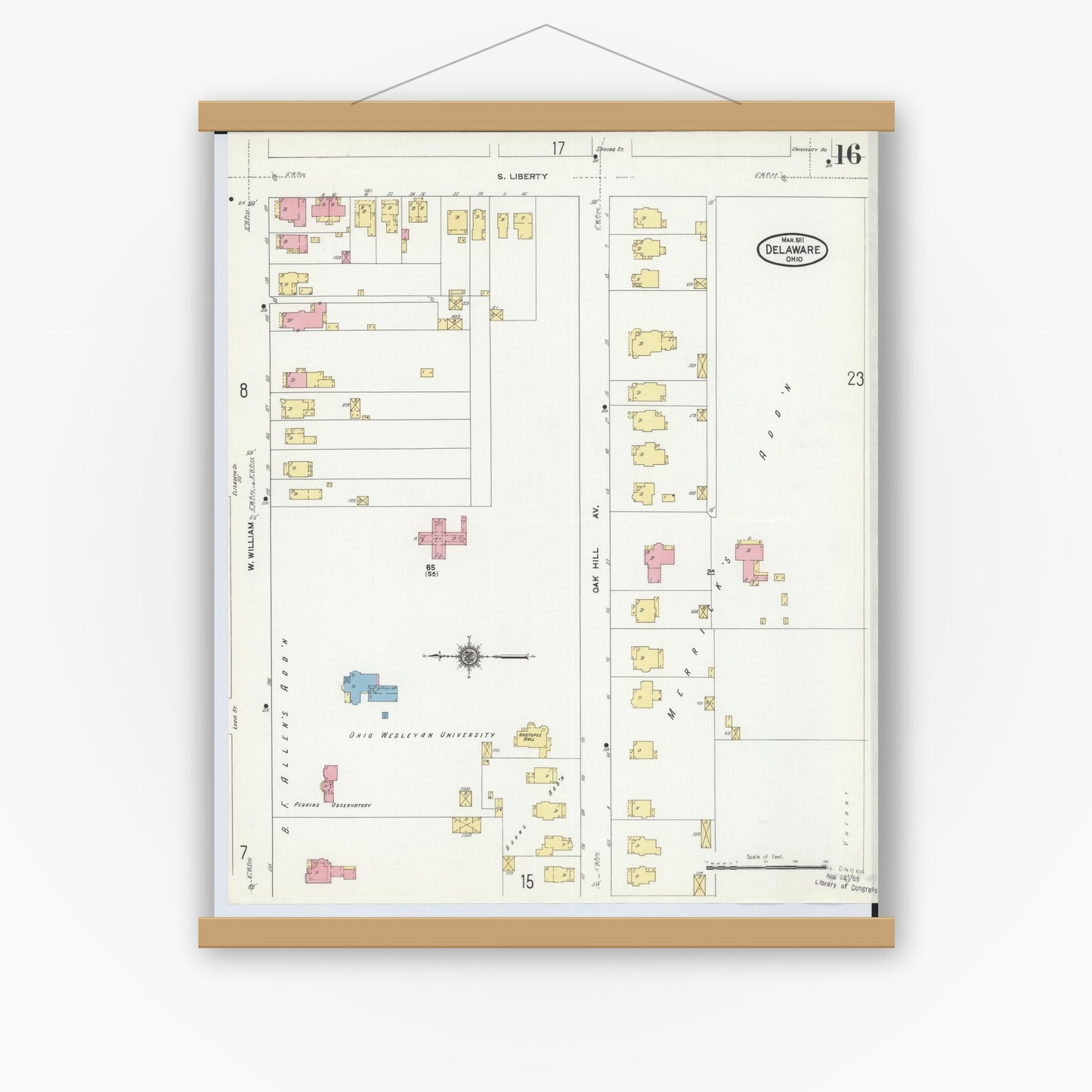 Old map wall art mockup — magnetic wood frame on white wall — Sanborn Fire Insurance Map from Delaware, Delaware County, Ohio (1911), Sheet #0016