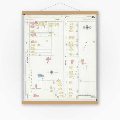 Old map wall art mockup — magnetic wood frame on white wall — Sanborn Fire Insurance Map from Delaware, Delaware County, Ohio (1911), Sheet #0016