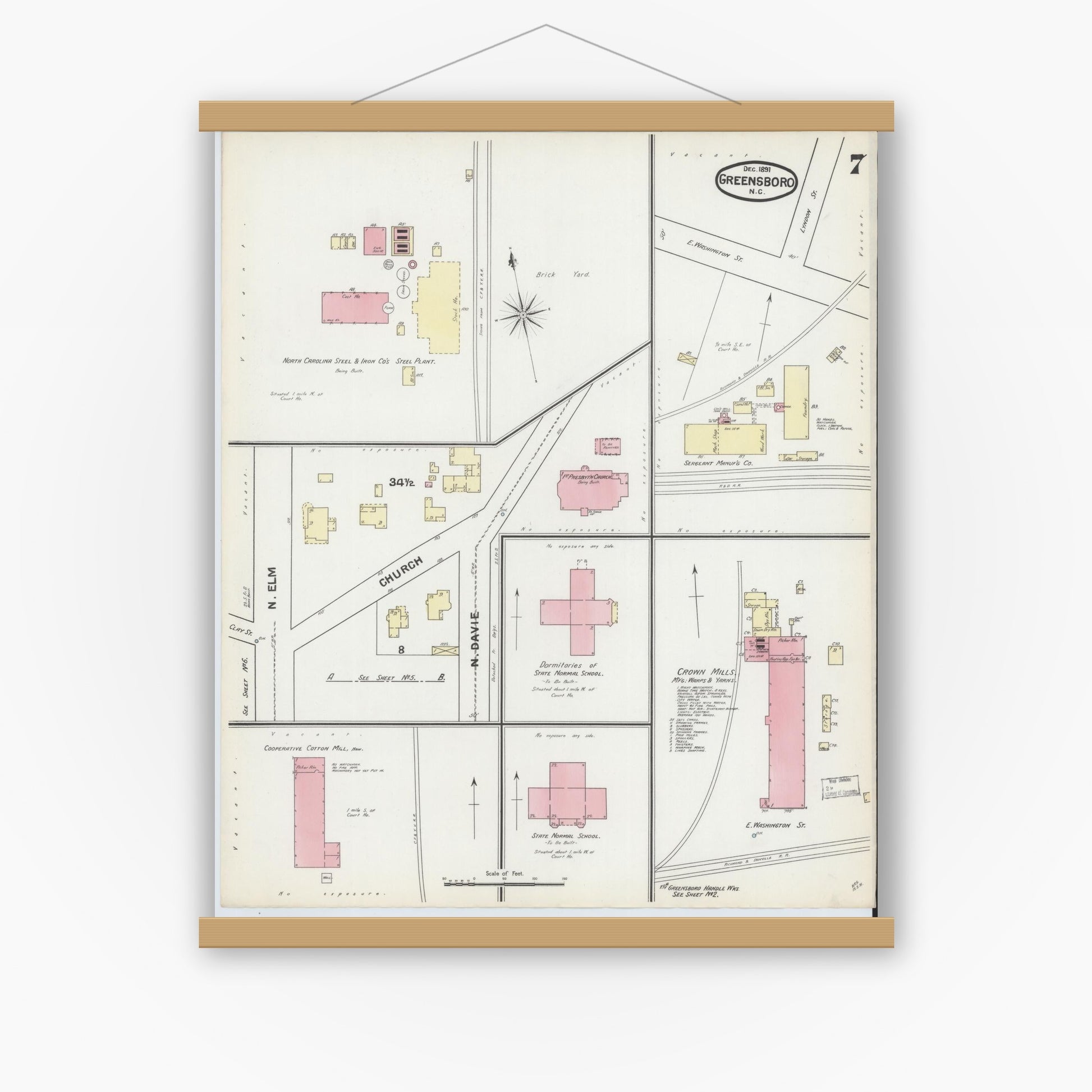 Old map wall art mockup — magnetic wood frame on white wall — Sanborn Fire Insurance Map from Greensboro, Guilford County, North Carolina (1891), Sheet #0007
