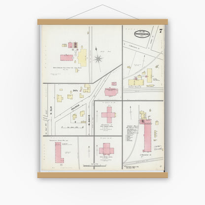 Old map wall art mockup — magnetic wood frame on white wall — Sanborn Fire Insurance Map from Greensboro, Guilford County, North Carolina (1891), Sheet #0007