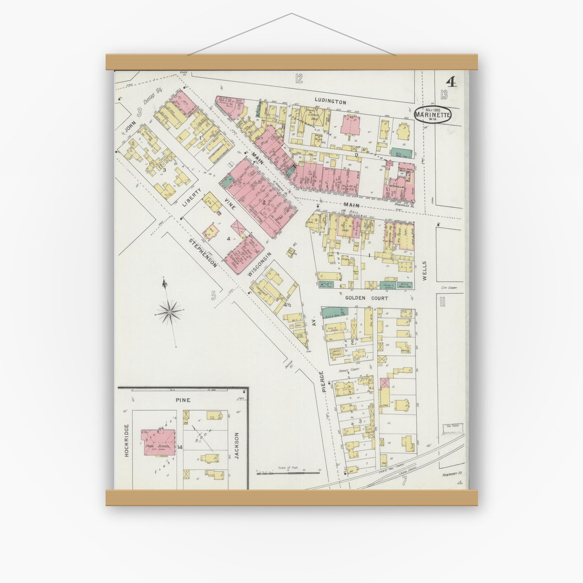Old map wall art mockup — magnetic wood frame on white wall — Sanborn Fire Insurance Map from Marinette, Marinette County, Wisconsin (1895), Sheet #0004