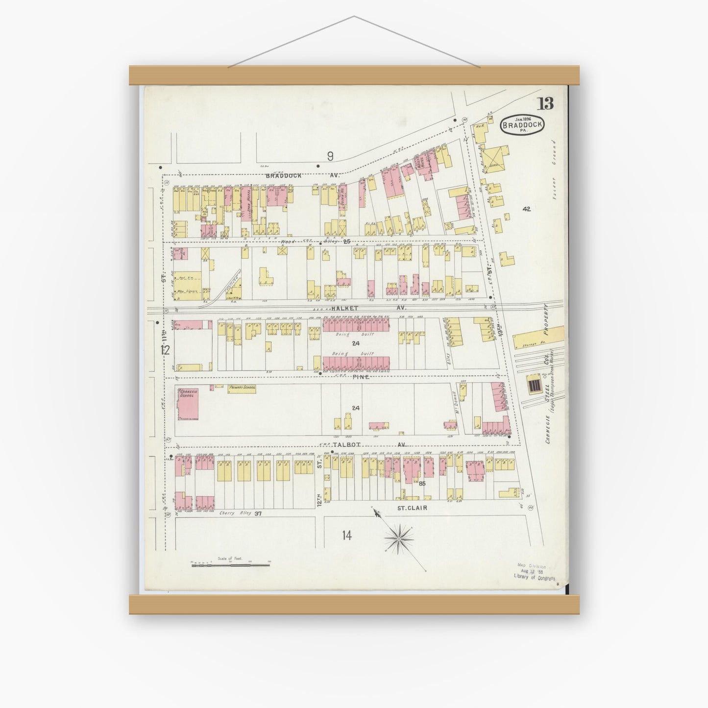 Old map wall art mockup — magnetic wood frame on white wall — Sanborn Fire Insurance Map from Braddock, Allegheny County, Pennsylvania (1896), Sheet #0013