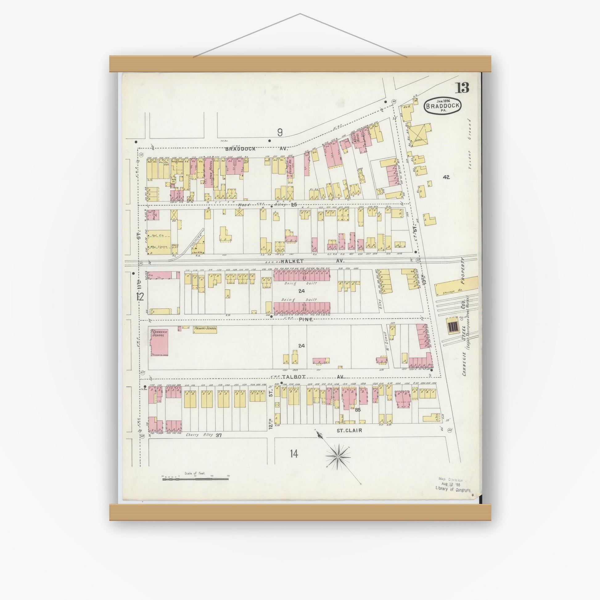Old map wall art mockup — magnetic wood frame on white wall — Sanborn Fire Insurance Map from Braddock, Allegheny County, Pennsylvania (1896), Sheet #0013