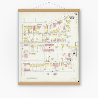 Old map wall art mockup — magnetic wood frame on white wall — Sanborn Fire Insurance Map from Braddock, Allegheny County, Pennsylvania (1896), Sheet #0013
