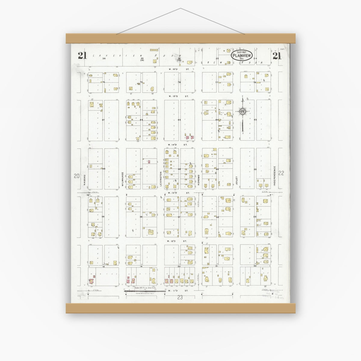 Old map wall art mockup — magnetic wood frame on white wall — Sanborn Fire Insurance Map from Plainview, Hale County, Texas (1927), Sheet #0021
