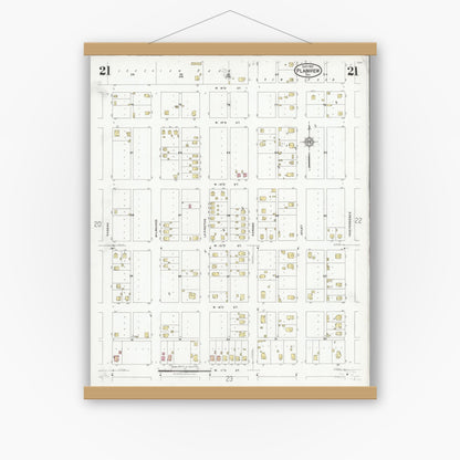 Old map wall art mockup — magnetic wood frame on white wall — Sanborn Fire Insurance Map from Plainview, Hale County, Texas (1927), Sheet #0021