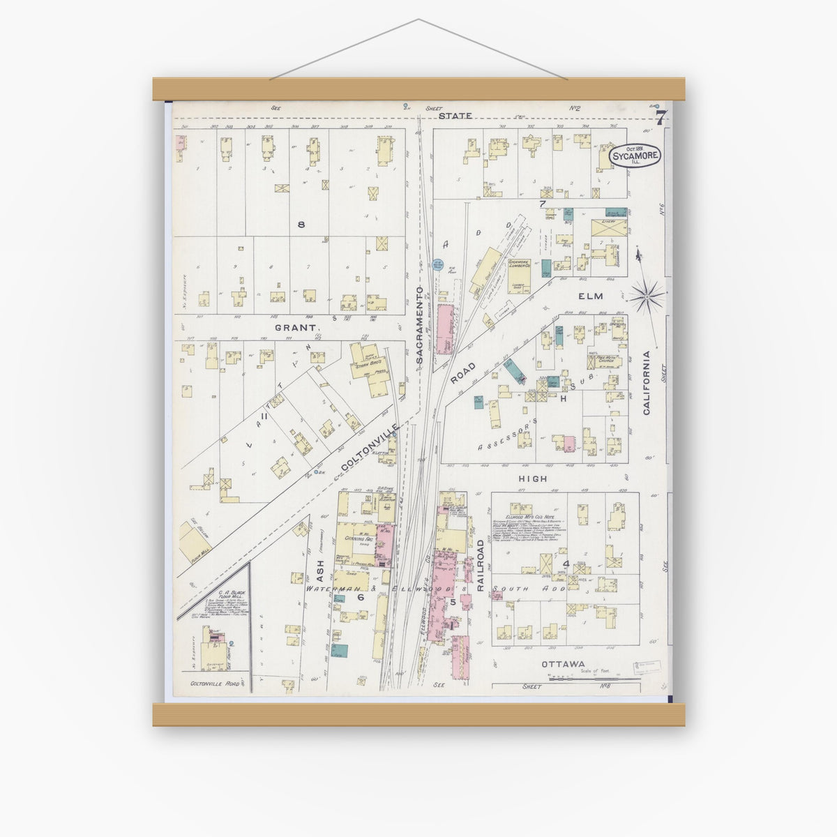 Old map wall art mockup — magnetic wood frame on white wall — Sanborn Fire Insurance Map from Sycamore, De Kalb County, Illinois (1891), Sheet #0007