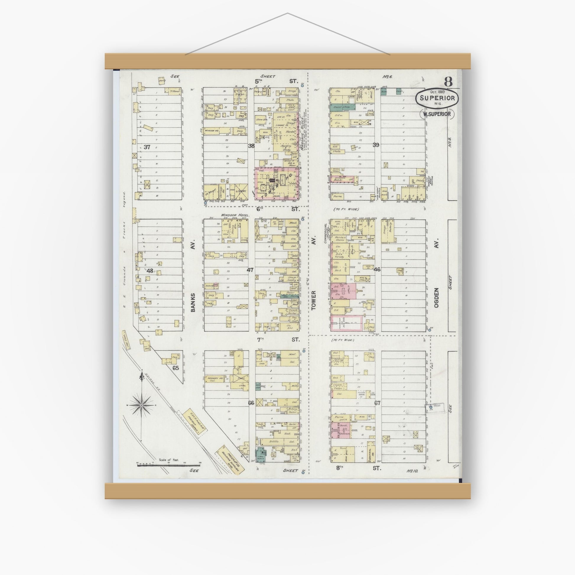 Old map wall art mockup — magnetic wood frame on white wall — Sanborn Fire Insurance Map from Superior, Douglas County, Wisconsin (1889), Sheet #0008