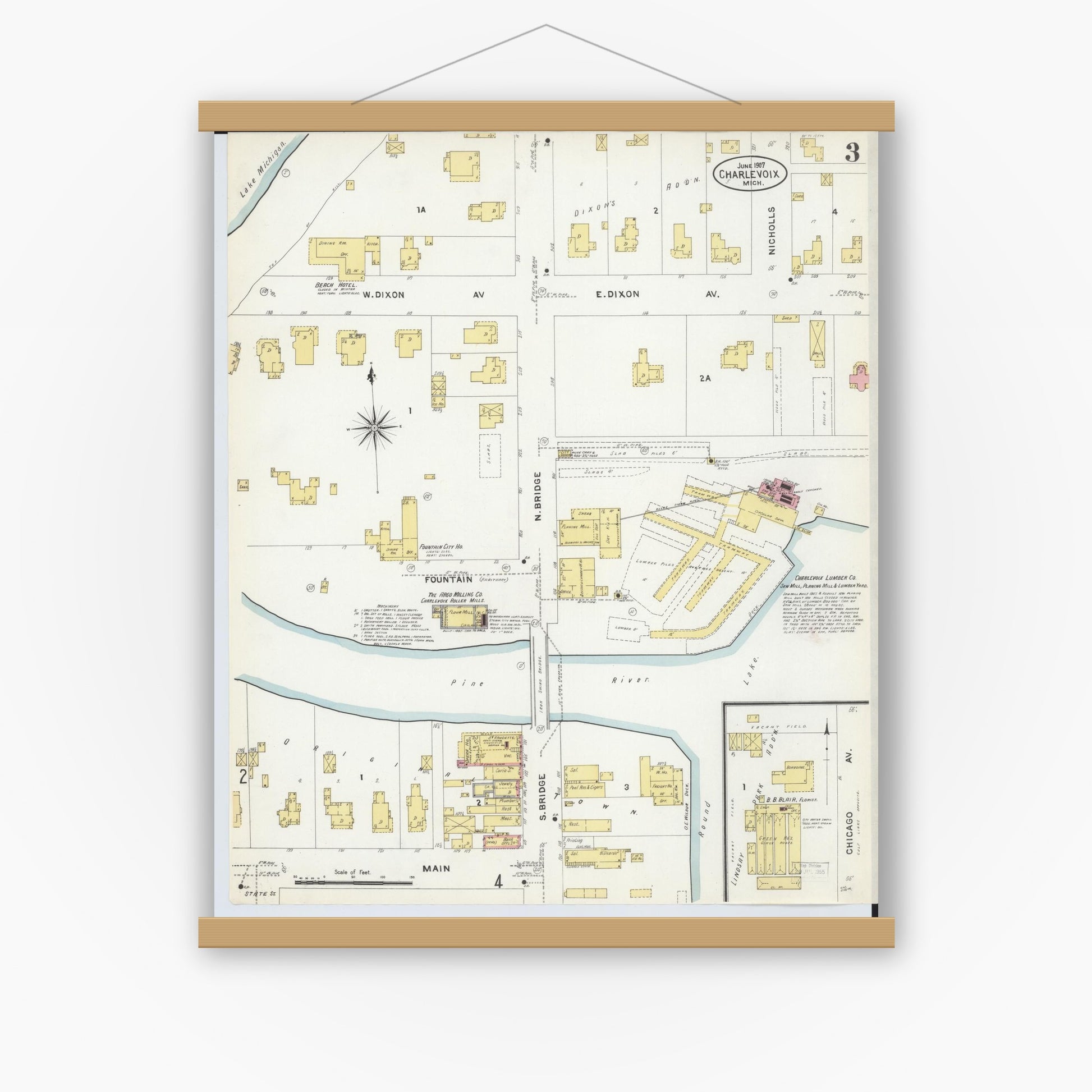 Old map wall art mockup — magnetic wood frame on white wall — Sanborn Fire Insurance Map from Charlevoix, Charlevoix County, Michigan (1907), Sheet #0003