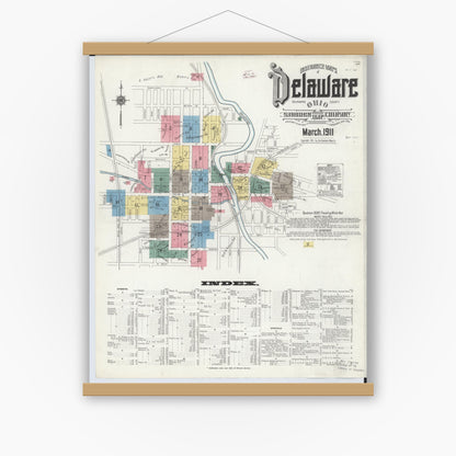 Old map wall art mockup — magnetic wood frame on white wall — Sanborn Fire Insurance Map from Delaware, Delaware County, Ohio (1911) - Complete Map Set