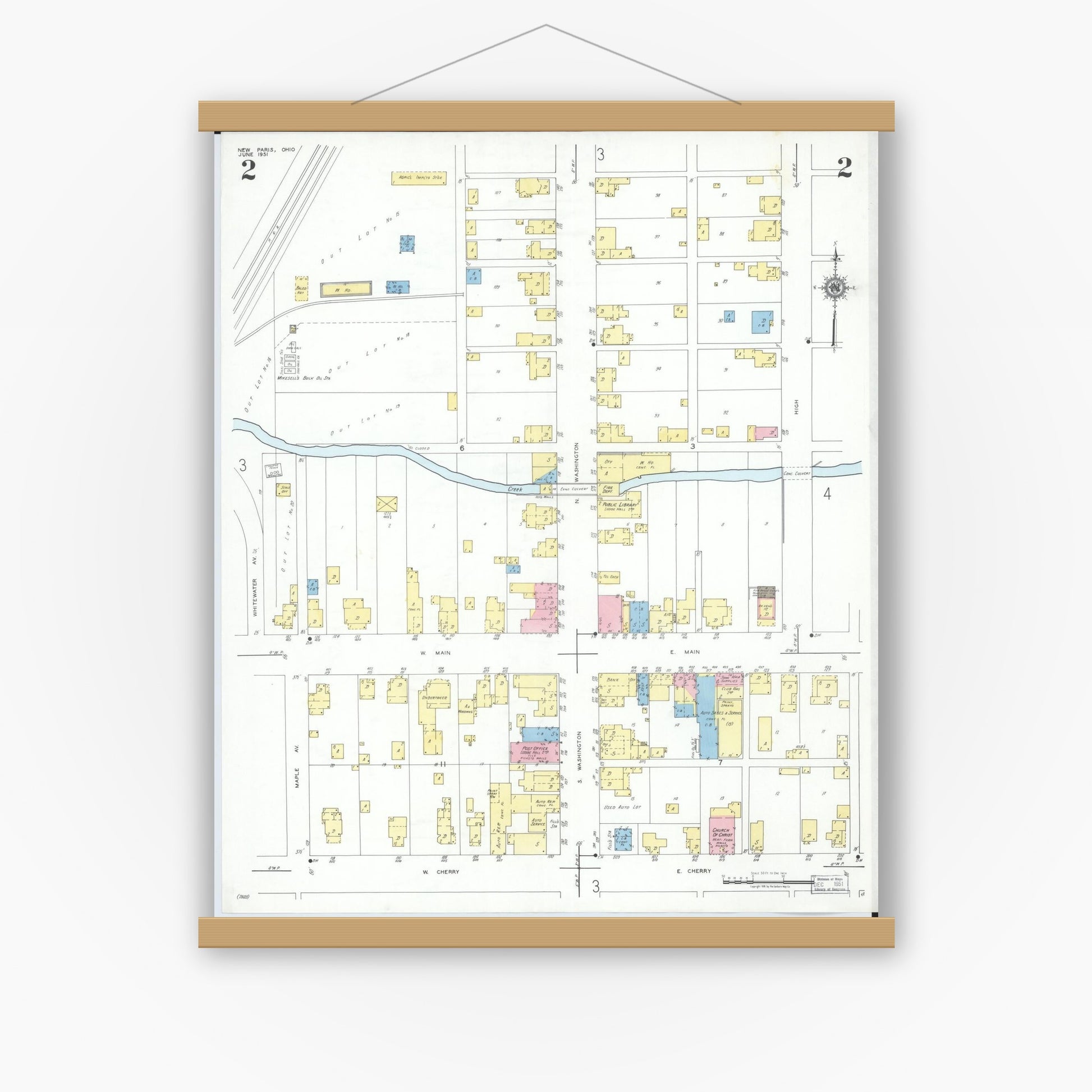 Old map wall art mockup — magnetic wood frame on white wall — Sanborn Fire Insurance Map from New Paris, Preble County, Ohio (1951), Sheet #0002