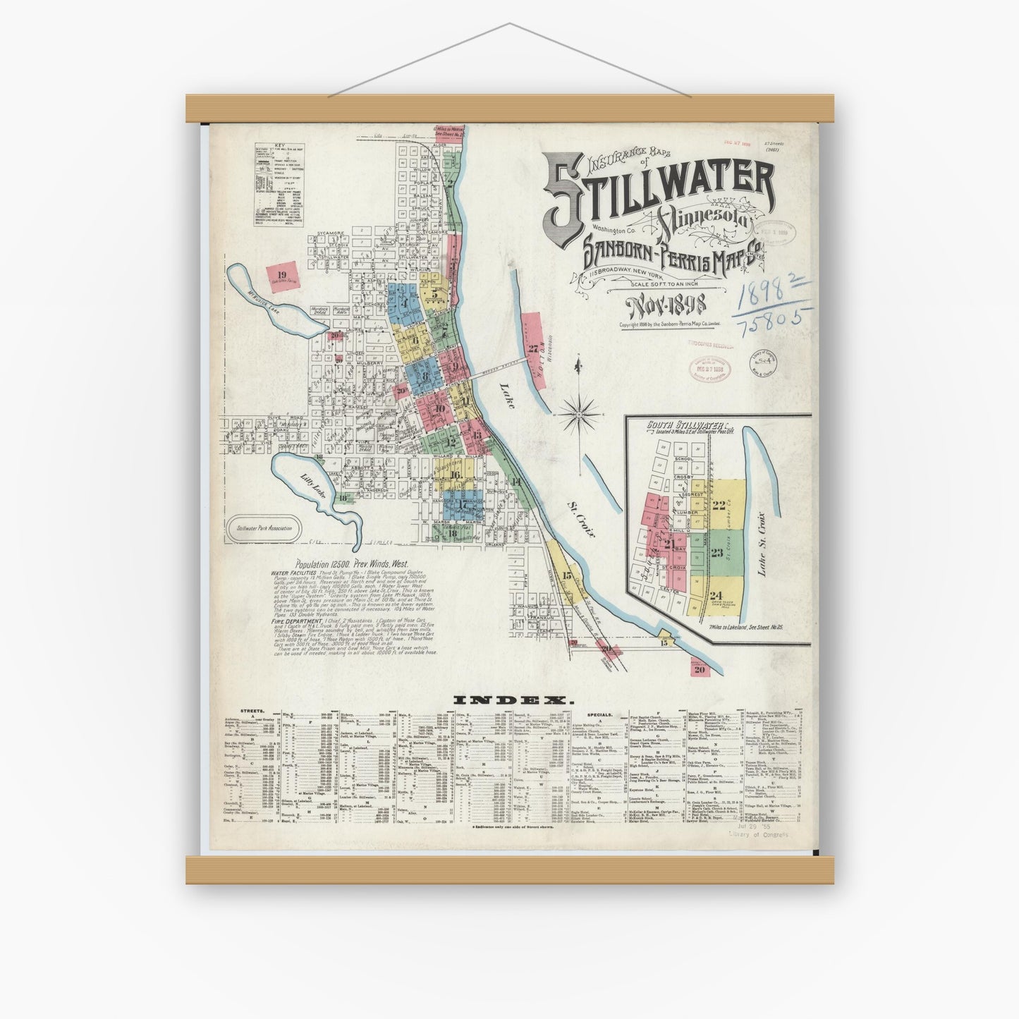 Old map wall art mockup — magnetic wood frame on white wall — Sanborn Fire Insurance Map from Stillwater, Washington County, Minnesota (1898) - Complete Map Set