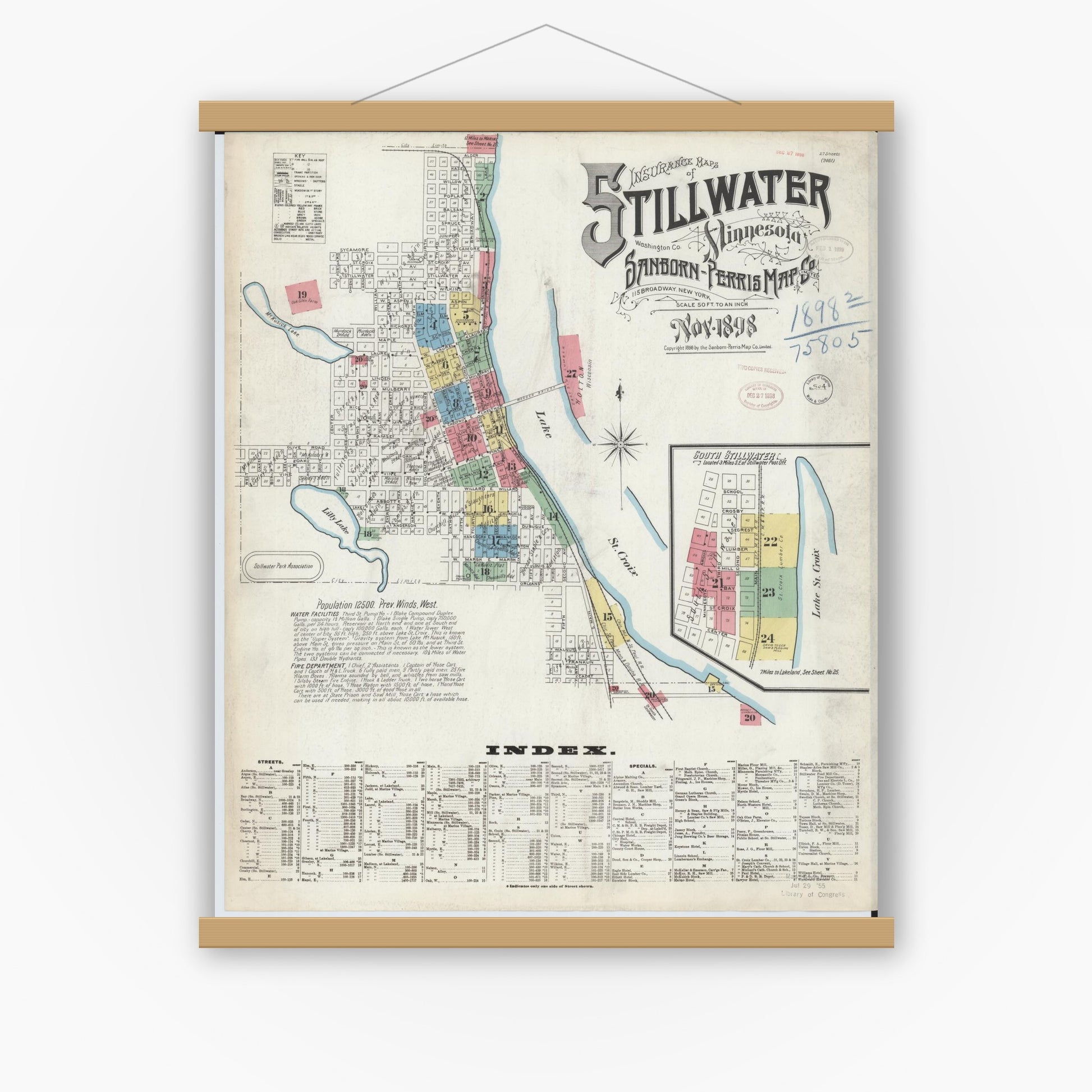 Old map wall art mockup — magnetic wood frame on white wall — Sanborn Fire Insurance Map from Stillwater, Washington County, Minnesota (1898) - Complete Map Set