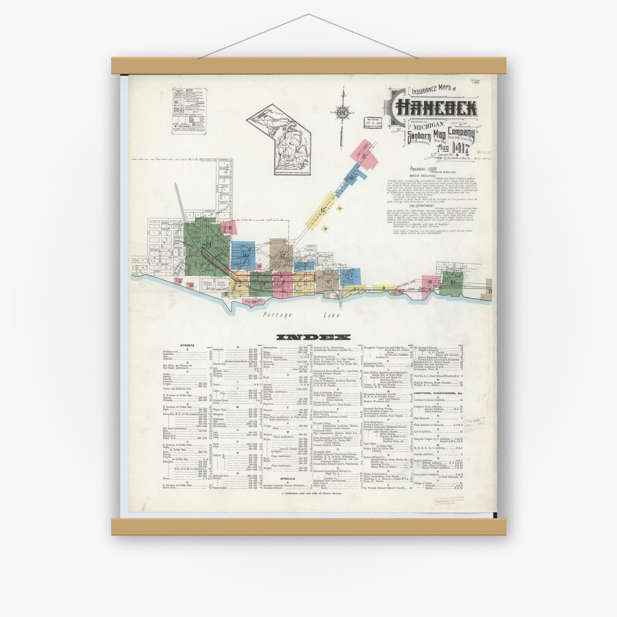 Old map wall art mockup — magnetic wood frame on white wall — Sanborn Fire Insurance Map from Hancock, Houghton County, Michigan (1917), Sheet #0001