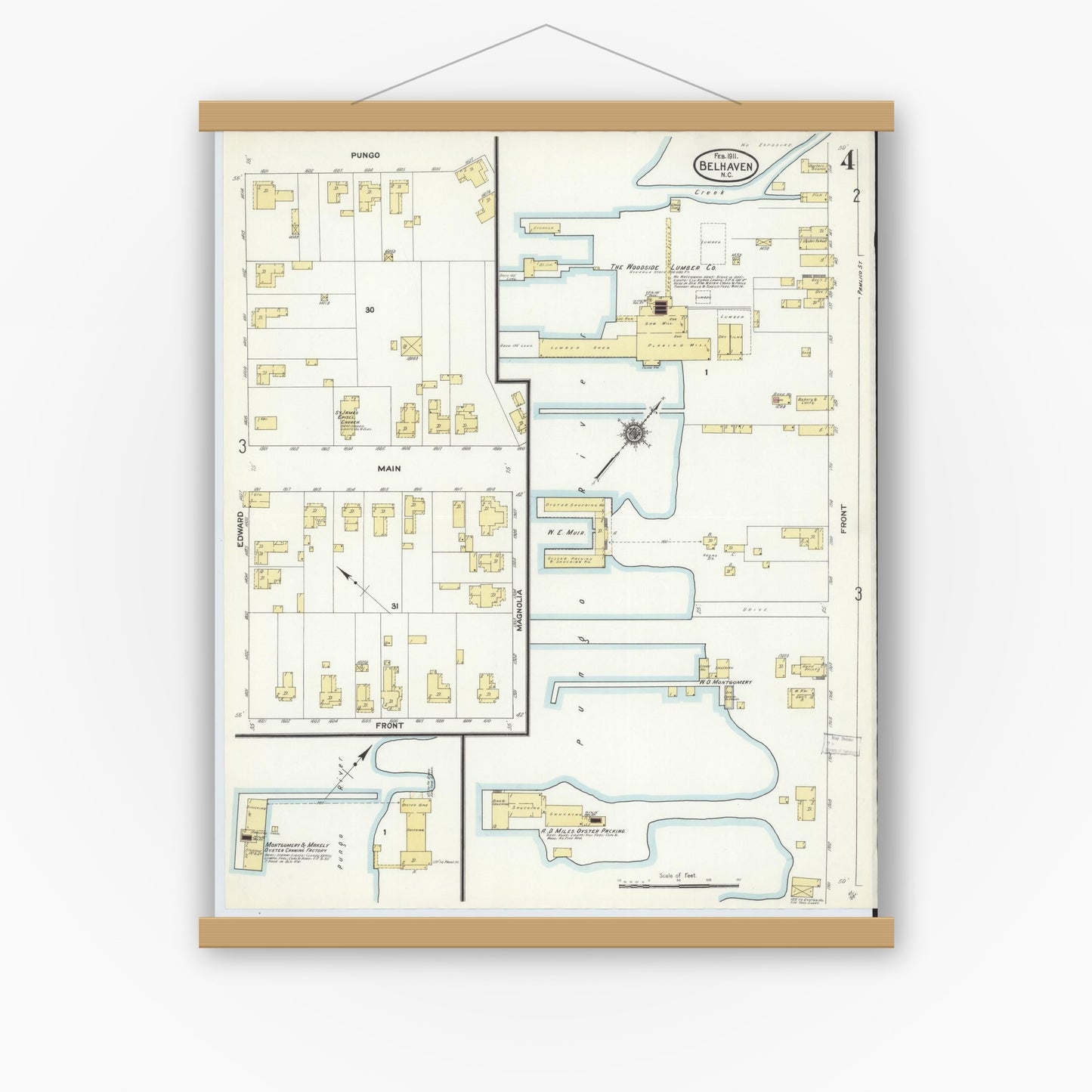 Old map wall art mockup — magnetic wood frame on white wall — Sanborn Fire Insurance Map from Belhaven, Beaufort County, North Carolina (1911), Sheet #0004