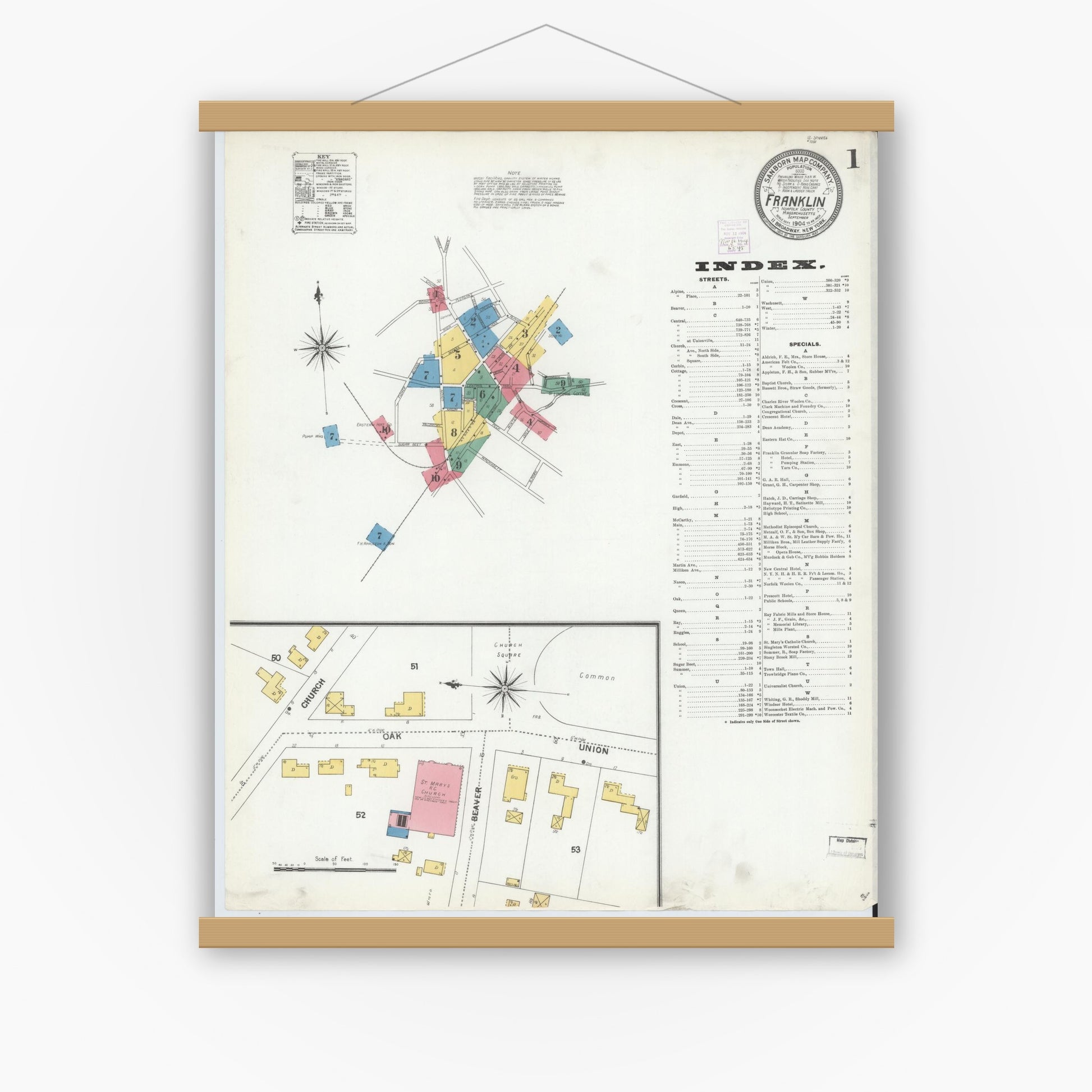 Old map wall art mockup — magnetic wood frame on white wall — Sanborn Fire Insurance Map from Franklin, Norfolk County, Massachusetts (1904), Sheet #0001