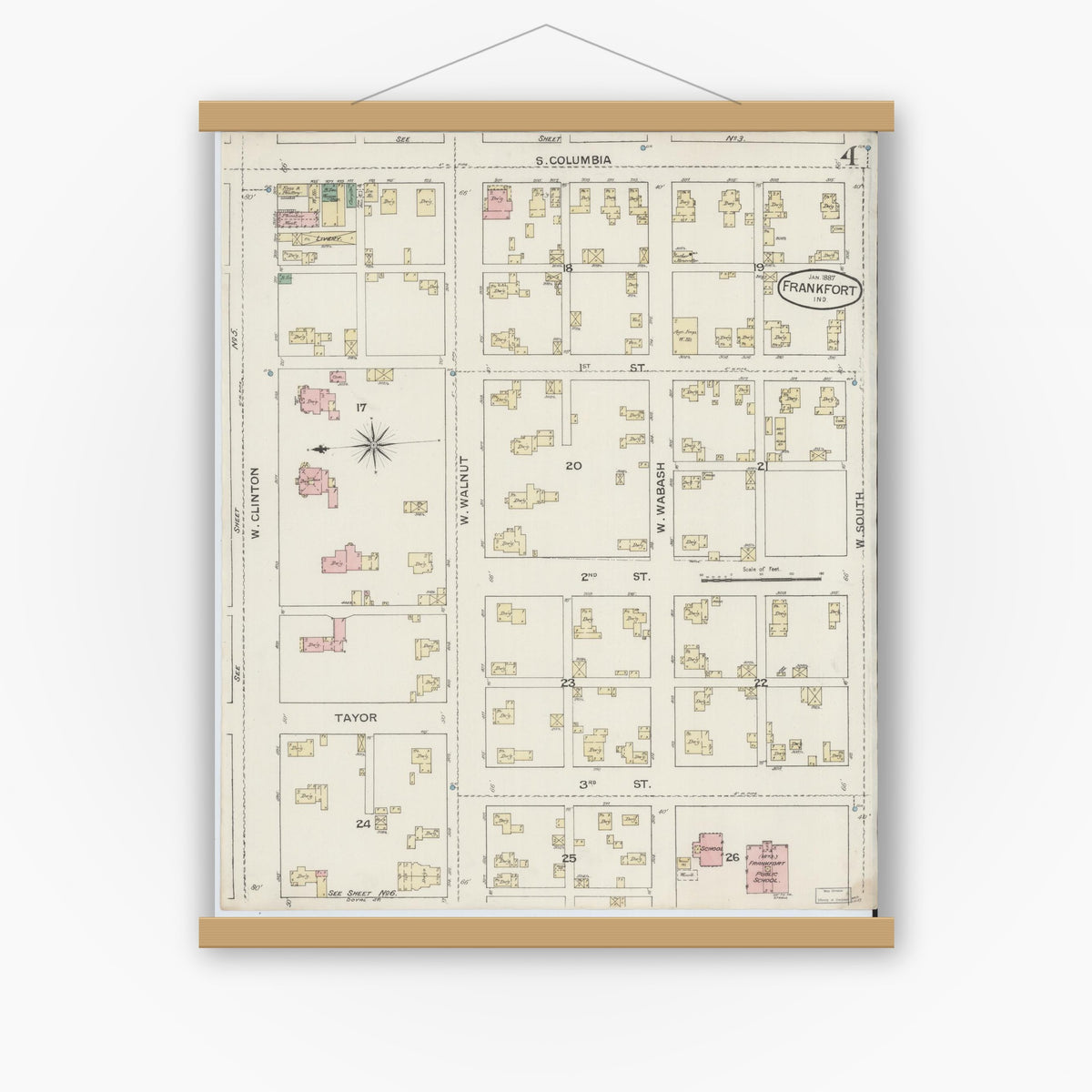 Old map wall art mockup — magnetic wood frame on white wall — Sanborn Fire Insurance Map from Frankfort, Clinton County, Indiana (1887), Sheet #0004