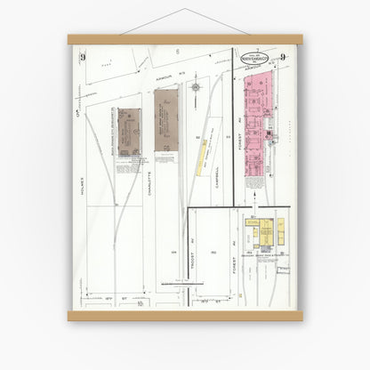 Old map wall art mockup — magnetic wood frame on white wall — Sanborn Fire Insurance Map from North Kansas City, Clay County, Missouri (1926), Sheet #0009