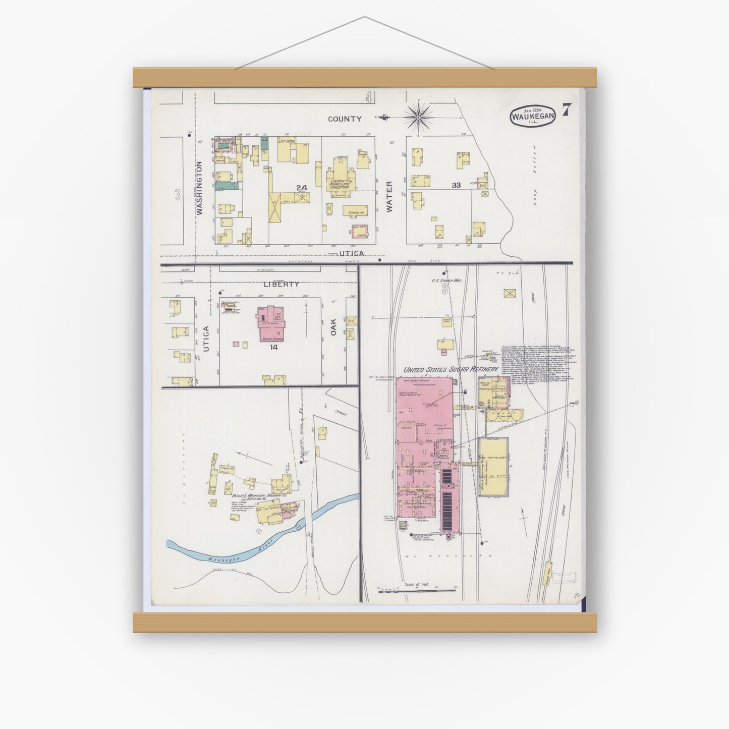 Old map wall art mockup — magnetic wood frame on white wall — Sanborn Fire Insurance Map from Waukegan, Lake County, Illinois (1894), Sheet #0007