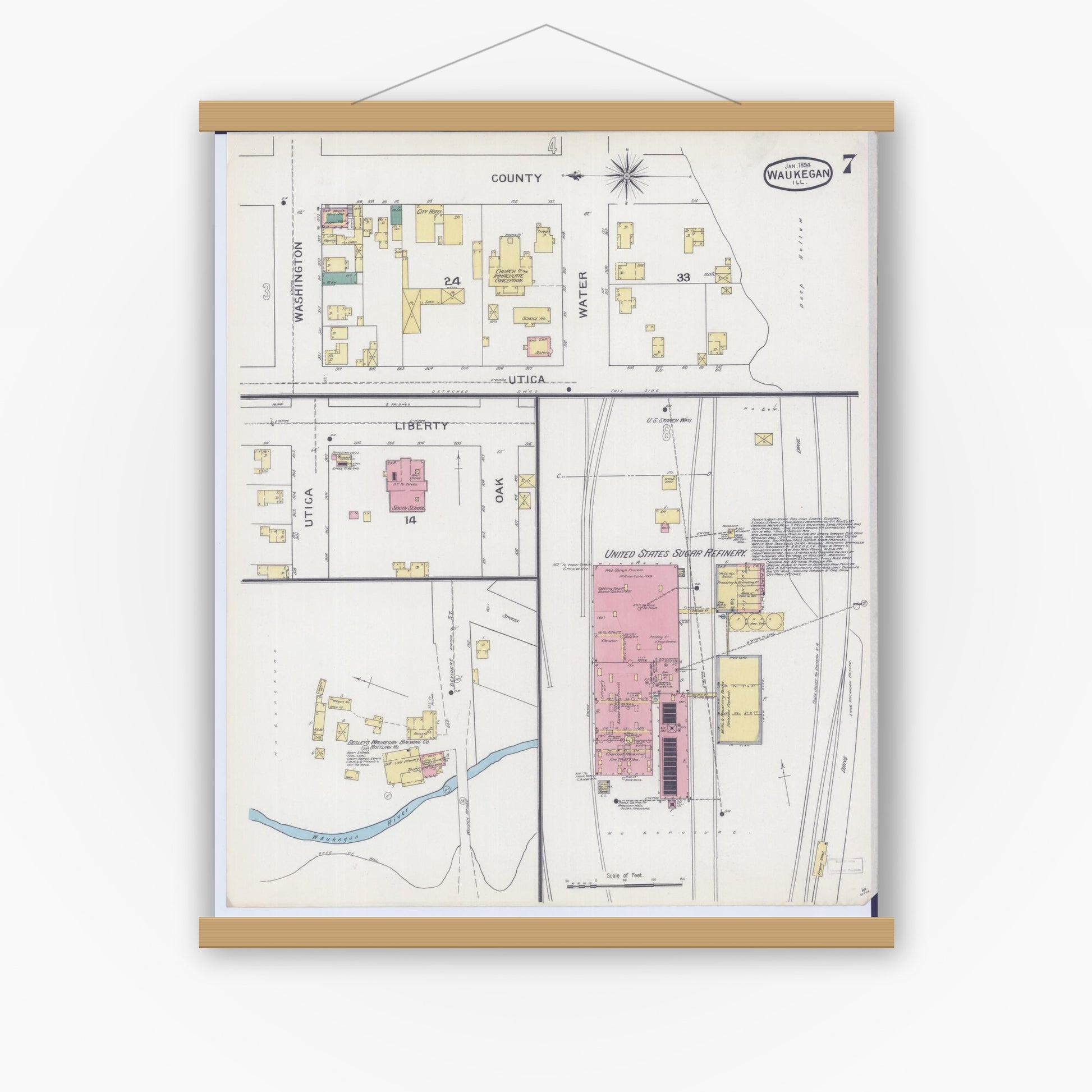 Old map wall art mockup — magnetic wood frame on white wall — Sanborn Fire Insurance Map from Waukegan, Lake County, Illinois (1894), Sheet #0007
