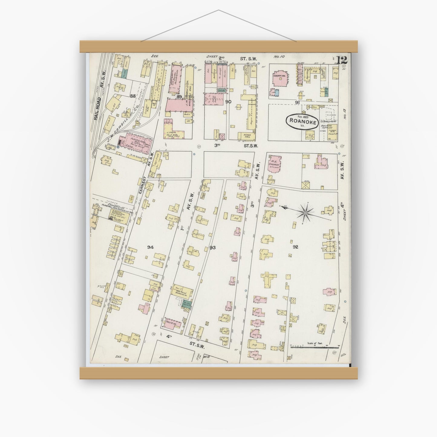 Old map wall art mockup — magnetic wood frame on white wall — Sanborn Fire Insurance Map from Roanoke, Independent Cities, Virginia (1889), Sheet #0012