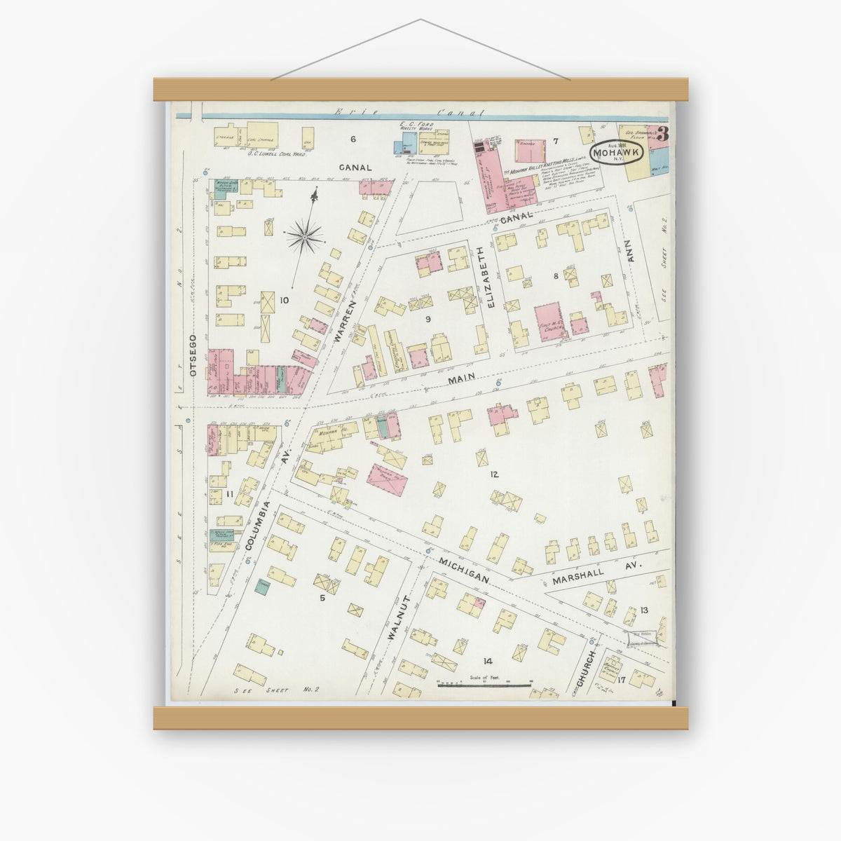Old map wall art mockup — magnetic wood frame on white wall — Sanborn Fire Insurance Map from Mohawk, Herkimer County, New York (1891), Sheet #0003