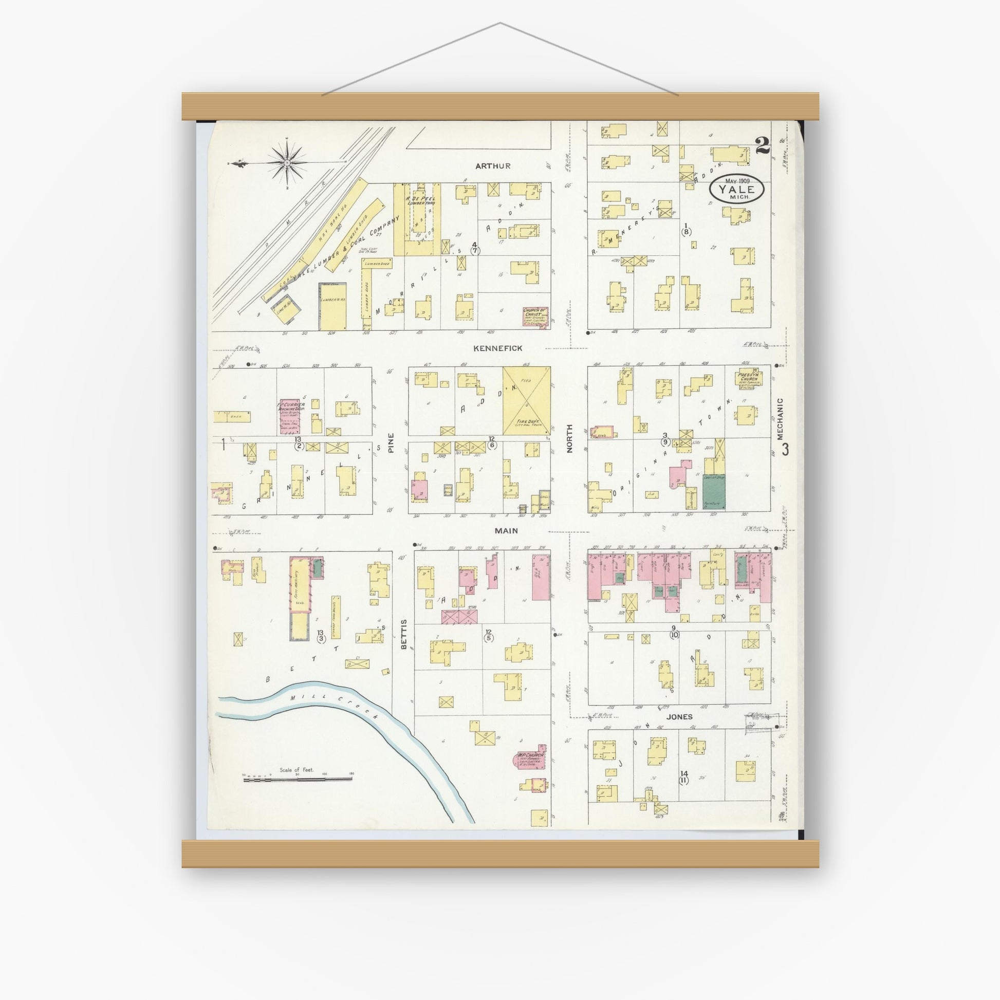 Old map wall art mockup — magnetic wood frame on white wall — Sanborn Fire Insurance Map from Yale, Saint Clair County, Michigan (1909), Sheet #0002
