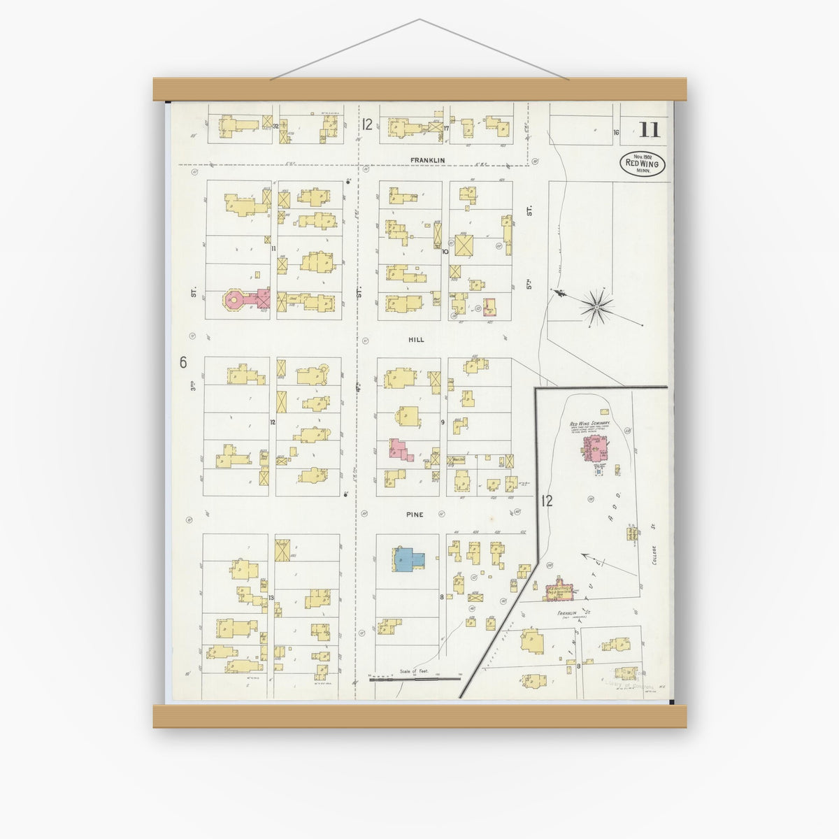 Old map wall art mockup — magnetic wood frame on white wall — Sanborn Fire Insurance Map from Red Wing, Goodhue County, Minnesota (1902), Sheet #0011