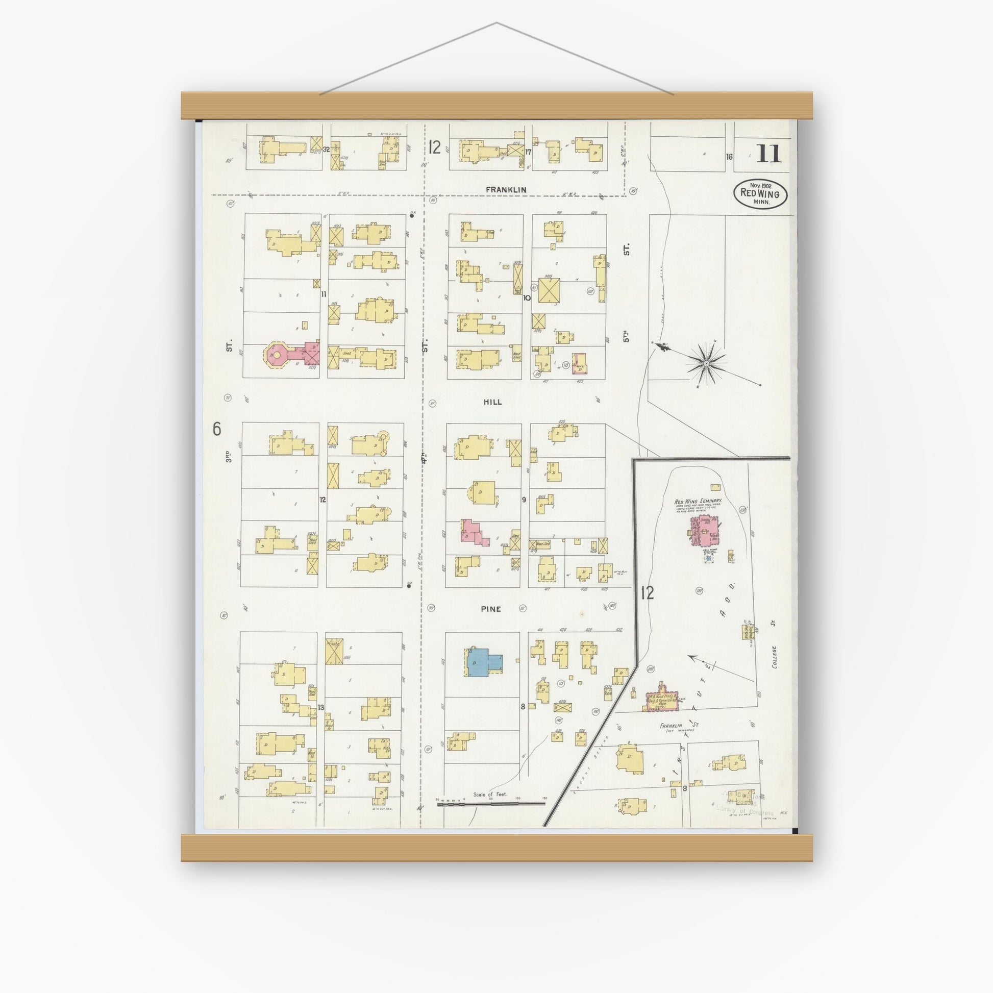 Old map wall art mockup — magnetic wood frame on white wall — Sanborn Fire Insurance Map from Red Wing, Goodhue County, Minnesota (1902), Sheet #0011