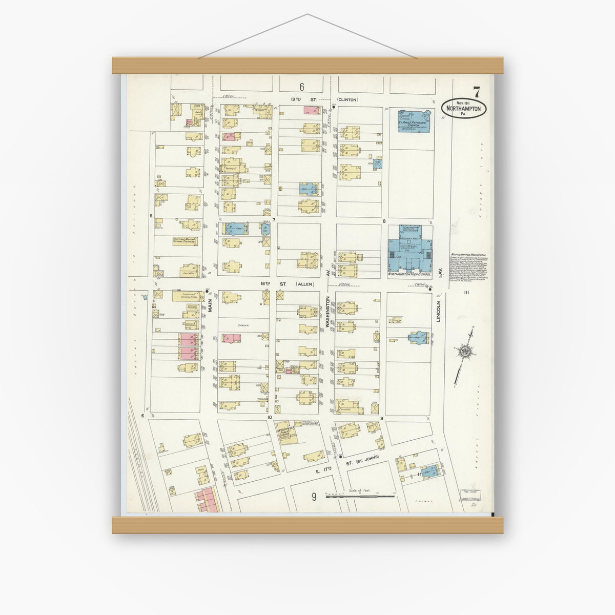Old map wall art mockup — magnetic wood frame on white wall — Sanborn Fire Insurance Map from Northampton, Northampton County, Pennsylvania (1911), Sheet #0007