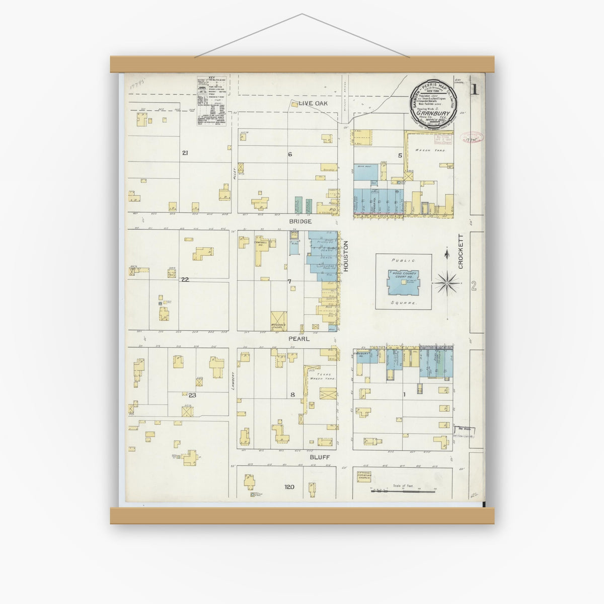 Old map wall art mockup — magnetic wood frame on white wall — Sanborn Fire Insurance Map from Granbury, Hood County, Texas (1893) - Complete Map Set