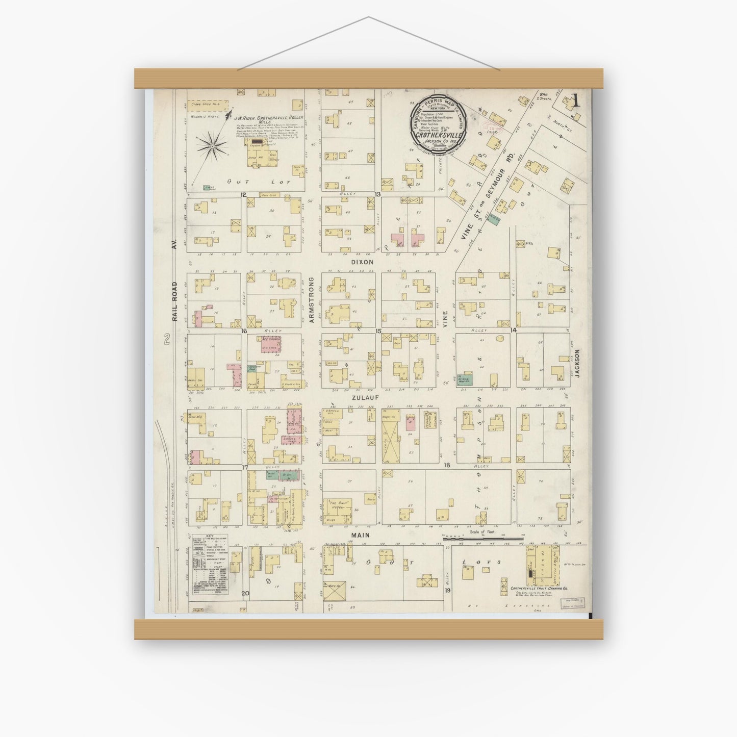 Old map wall art mockup — magnetic wood frame on white wall — Sanborn Fire Insurance Map from Crothersville, Jackson County, Indiana (1895) - Complete Map Set
