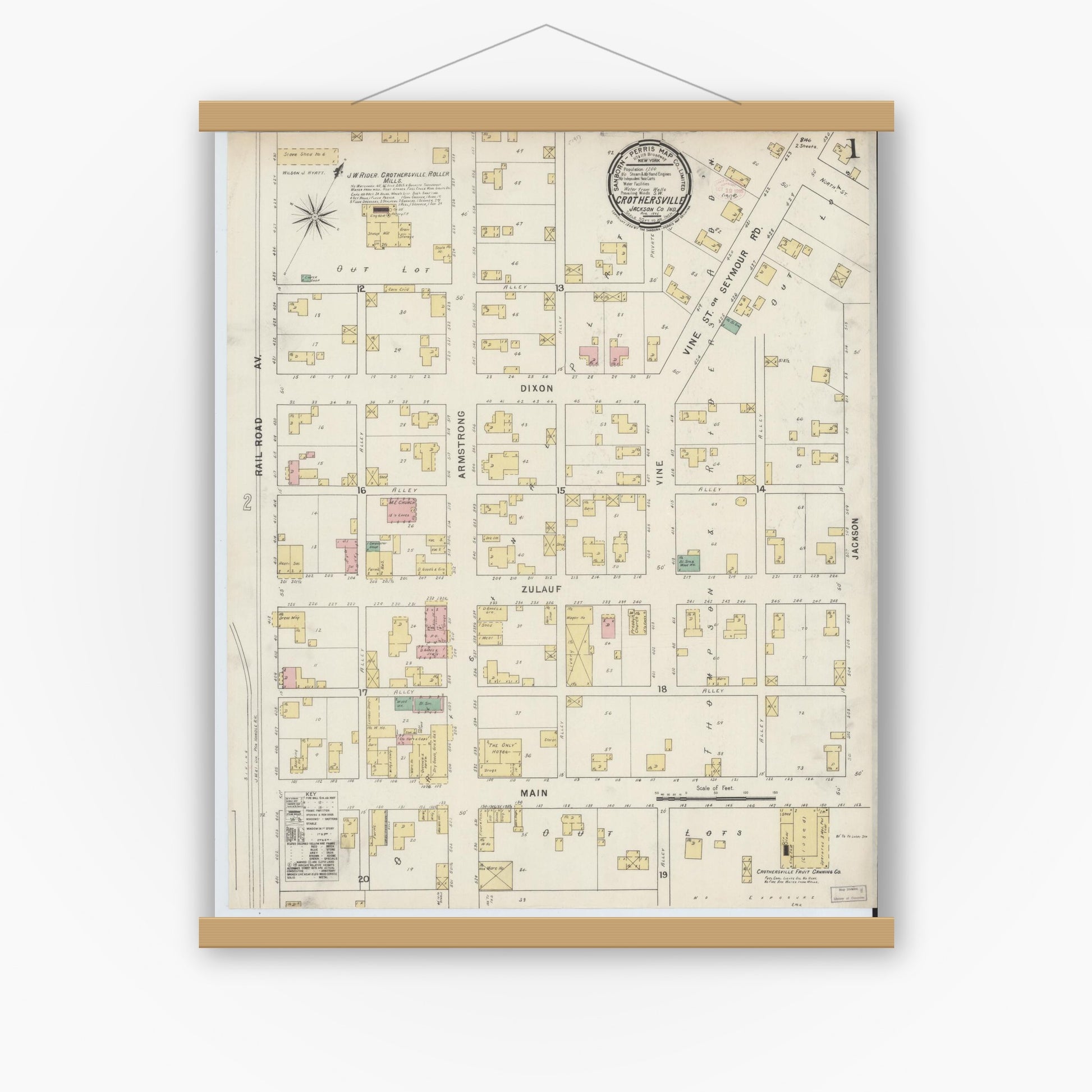 Old map wall art mockup — magnetic wood frame on white wall — Sanborn Fire Insurance Map from Crothersville, Jackson County, Indiana (1895) - Complete Map Set