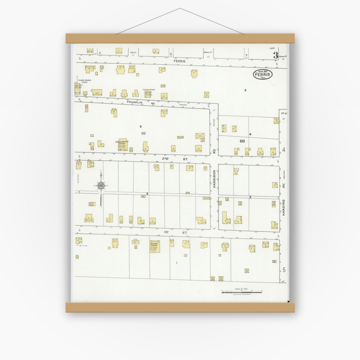 Old map wall art mockup — magnetic wood frame on white wall — Sanborn Fire Insurance Map from Ferris, Ellis County, Texas (1921), Sheet #0003