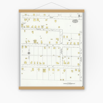 Old map wall art mockup — magnetic wood frame on white wall — Sanborn Fire Insurance Map from Ferris, Ellis County, Texas (1921), Sheet #0003