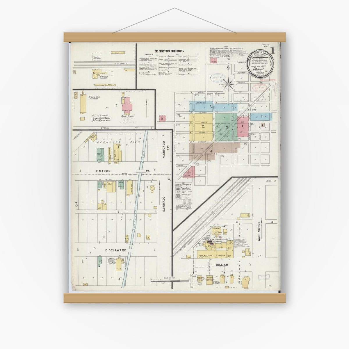 Old map wall art mockup — magnetic wood frame on white wall — Sanborn Fire Insurance Map from Dwight, Livingston County, Illinois (1898) - Complete Map Set