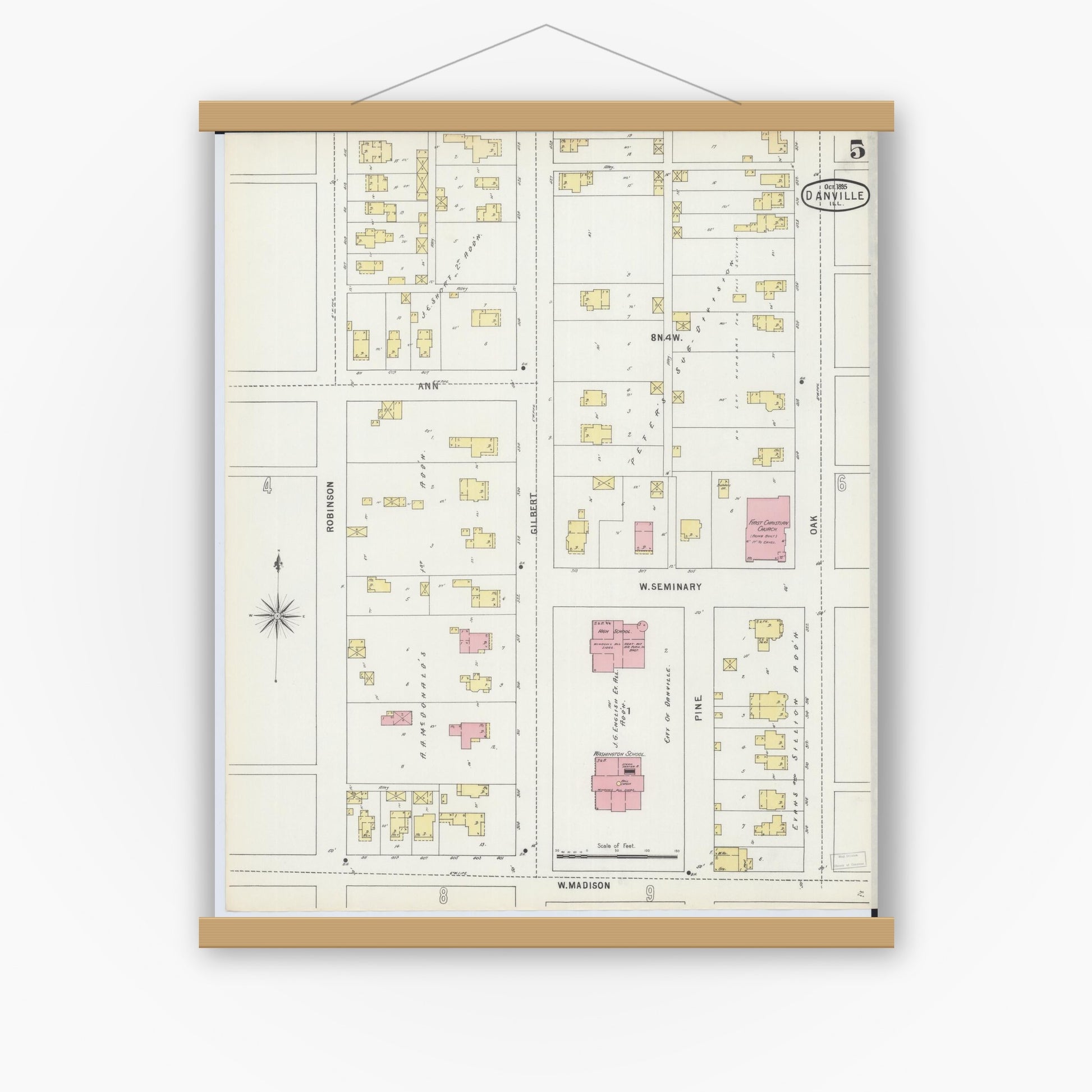 Old map wall art mockup — magnetic wood frame on white wall — Sanborn Fire Insurance Map from Danville, Vermilion County, Illinois (1895), Sheet #0005