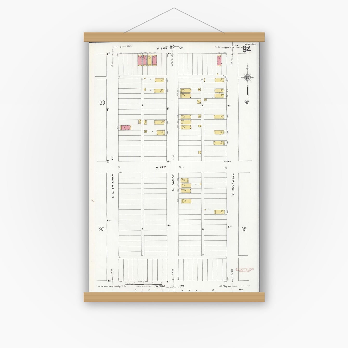 Old map wall art mockup — magnetic wood frame on white wall — Sanborn Fire Insurance Map from Chicago, Cook County, Illinois (1920), Sheet #0094