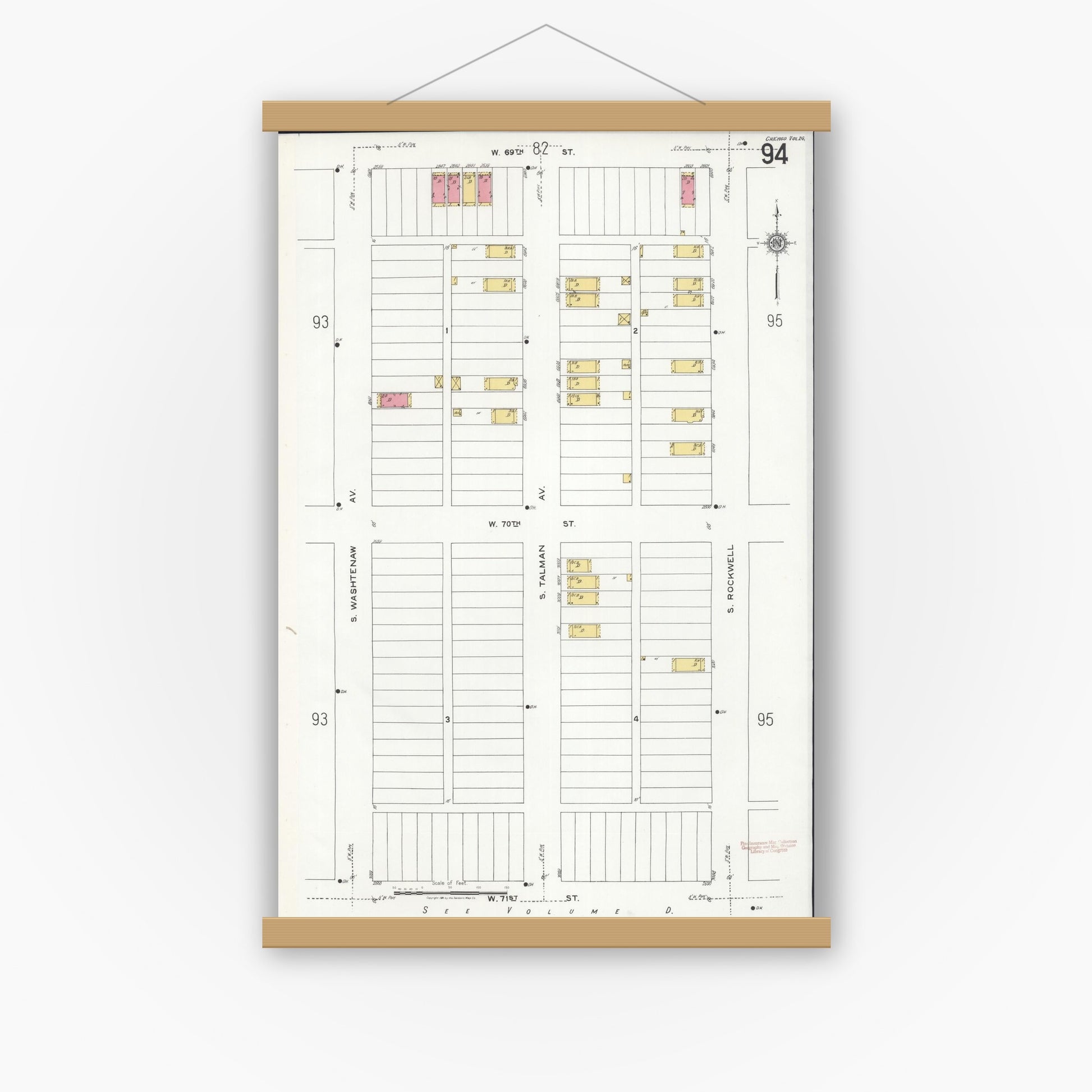 Old map wall art mockup — magnetic wood frame on white wall — Sanborn Fire Insurance Map from Chicago, Cook County, Illinois (1920), Sheet #0094