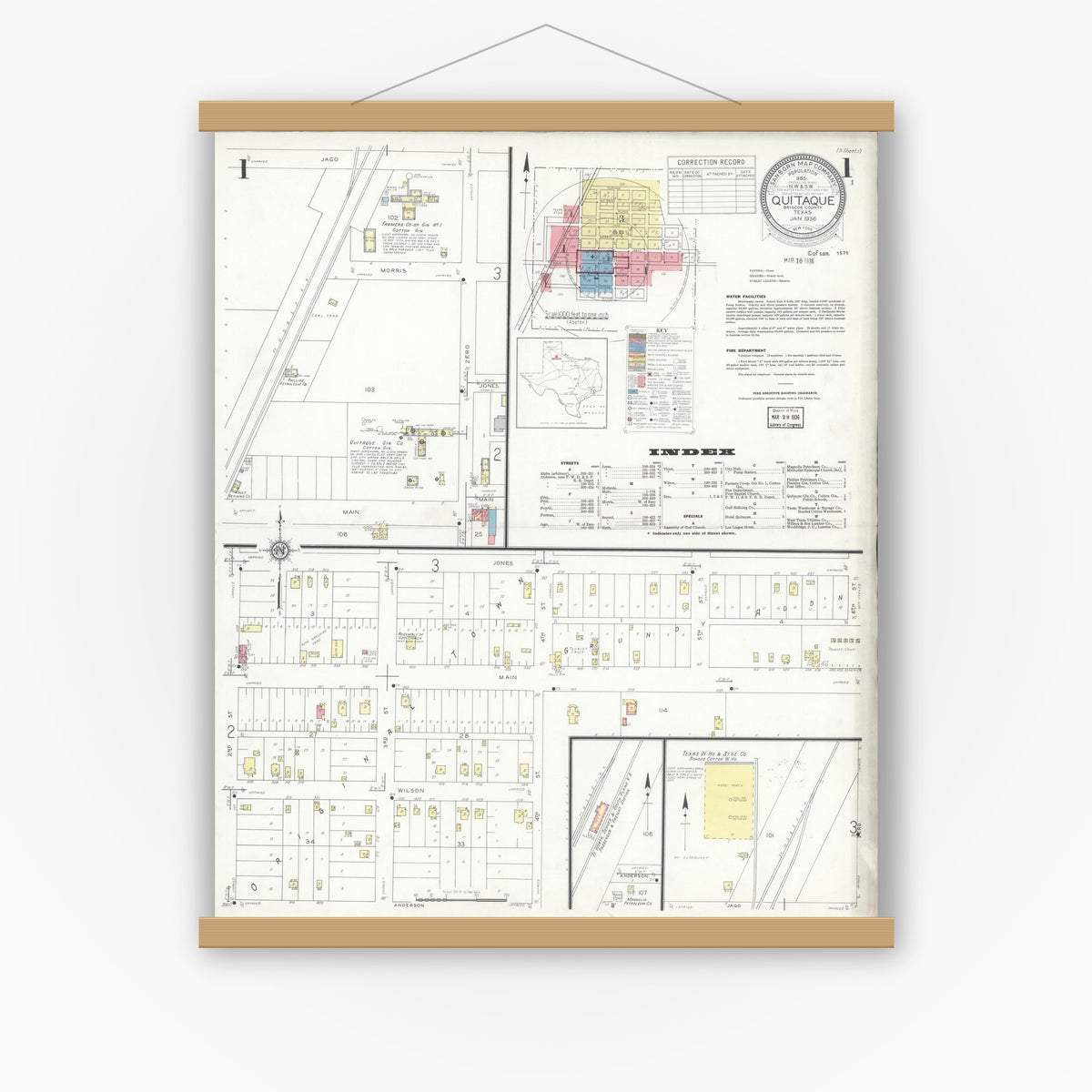 Old map wall art mockup — magnetic wood frame on white wall — Sanborn Fire Insurance Map from Quitaque, Briscoe County, Texas (1936) - Complete Map Set