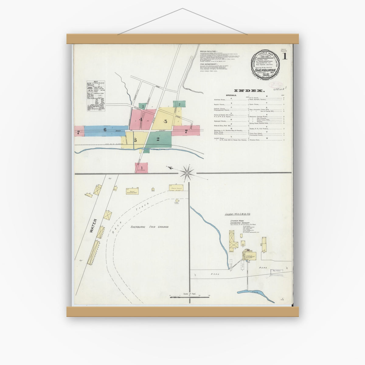 Old map wall art mockup — magnetic wood frame on white wall — Sanborn Fire Insurance Map from Sherburne, Chenango County, New York (1892) - Complete Map Set