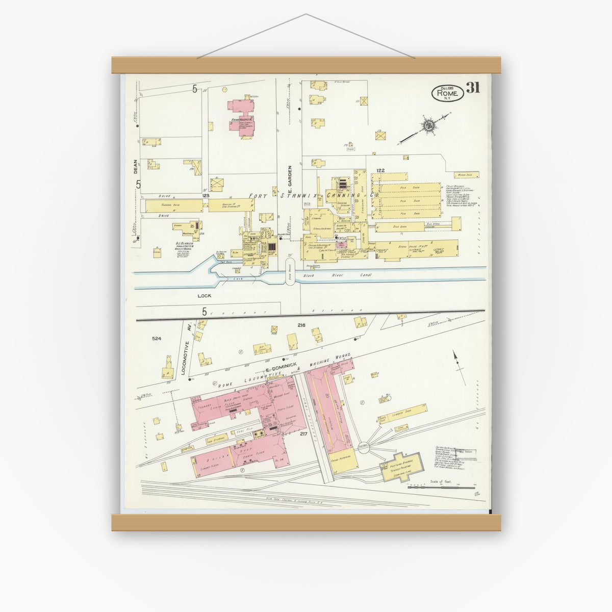 Old map wall art mockup — magnetic wood frame on white wall — Sanborn Fire Insurance Map from Rome, Oneida County, New York (1909), Sheet #0031