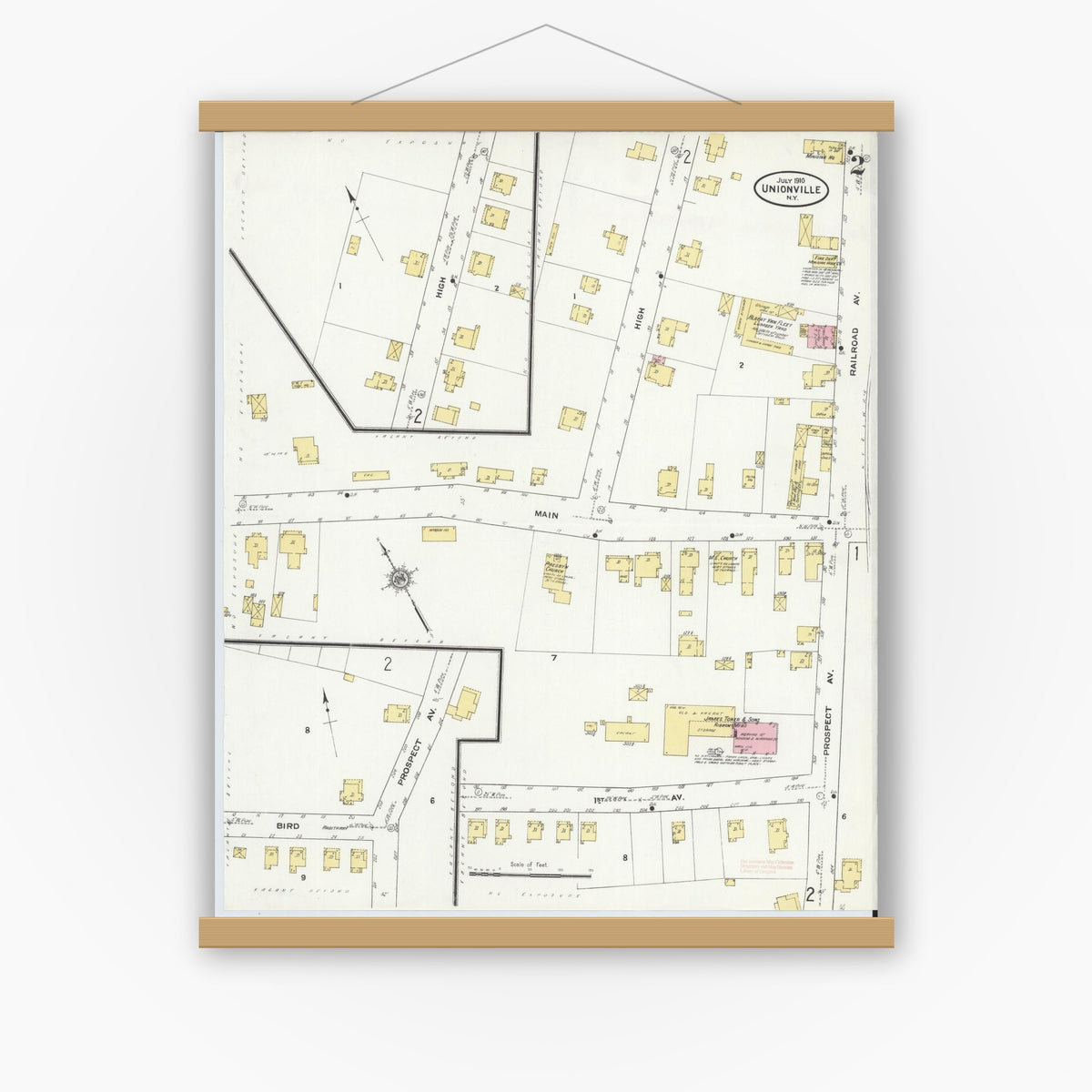 Old map wall art mockup — magnetic wood frame on white wall — Sanborn Fire Insurance Map from Unionville, Orange County, New York (1910), Sheet #0002