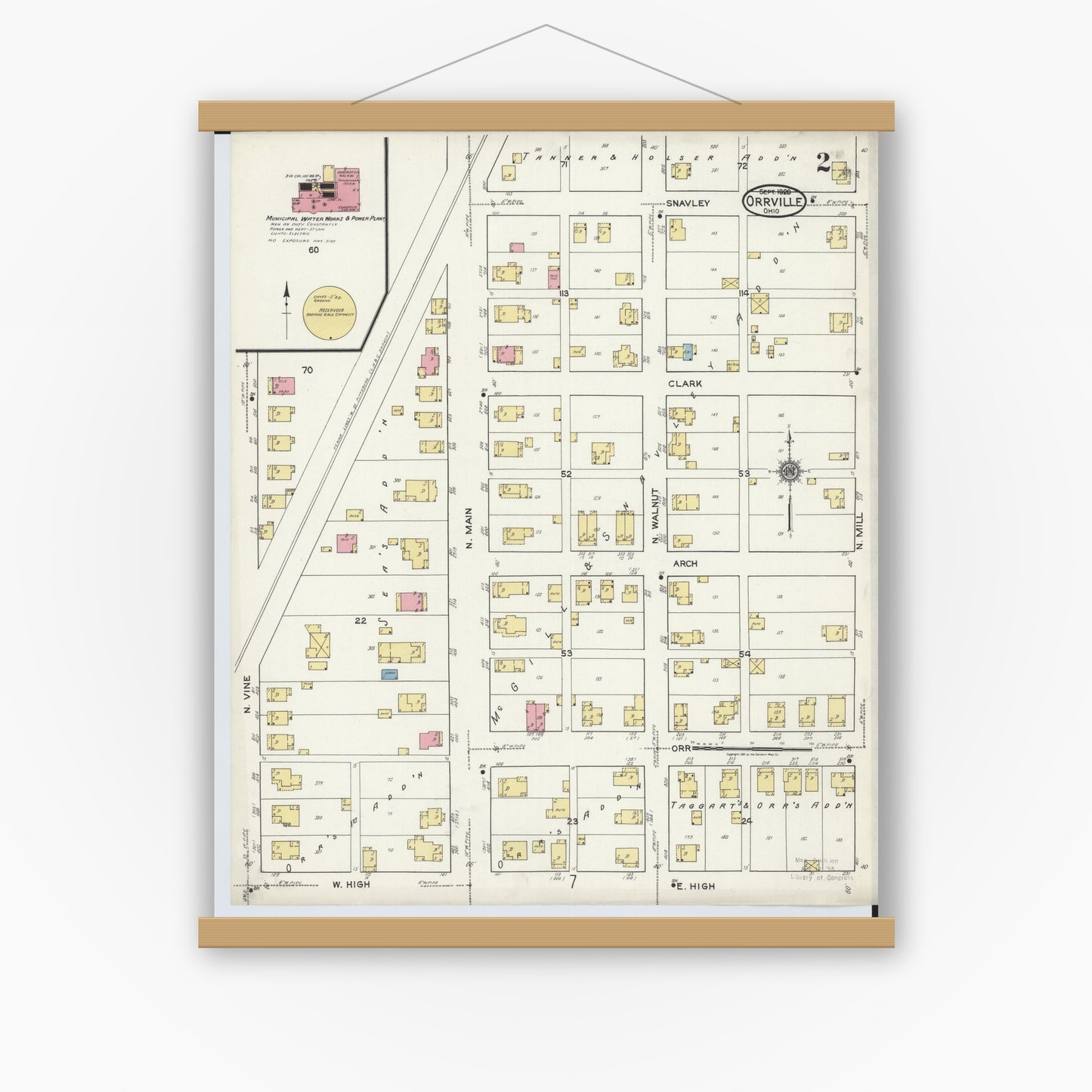Old map wall art mockup — magnetic wood frame on white wall — Sanborn Fire Insurance Map from Orrville, Wayne County, Ohio (1920), Sheet #0002