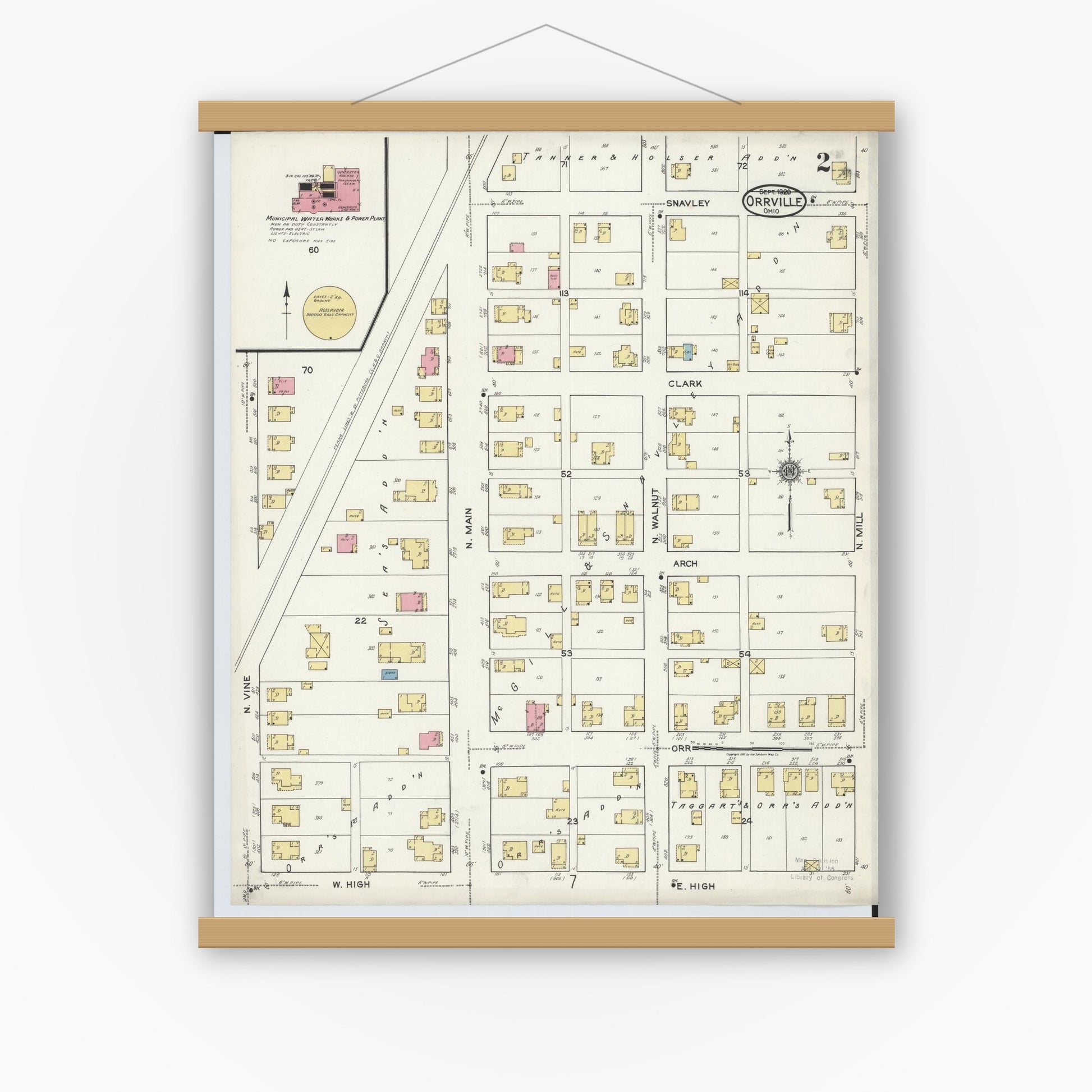 Old map wall art mockup — magnetic wood frame on white wall — Sanborn Fire Insurance Map from Orrville, Wayne County, Ohio (1920), Sheet #0002