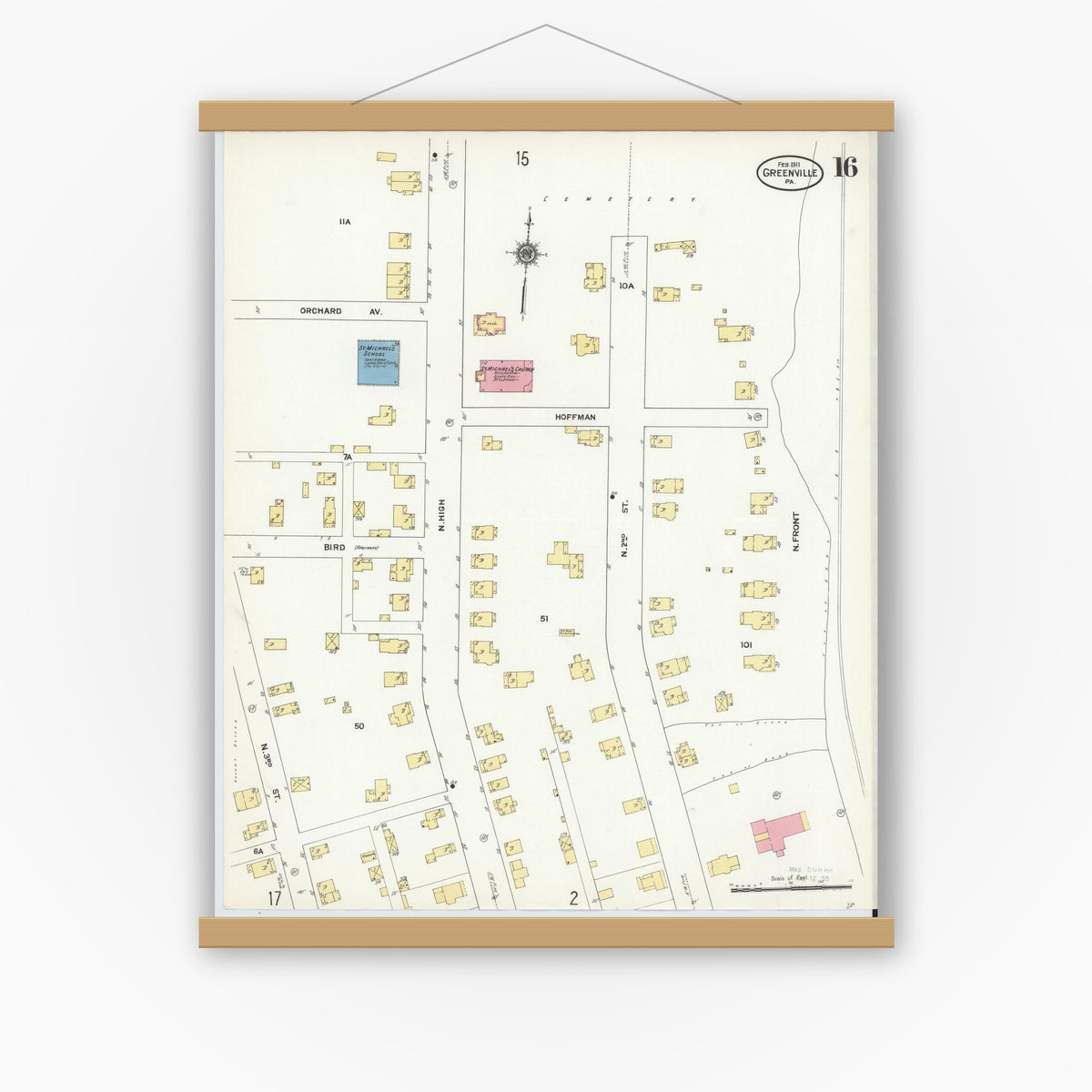 Old map wall art mockup — magnetic wood frame on white wall — Sanborn Fire Insurance Map from Greenville, Mercer County, Pennsylvania (1911), Sheet #0016