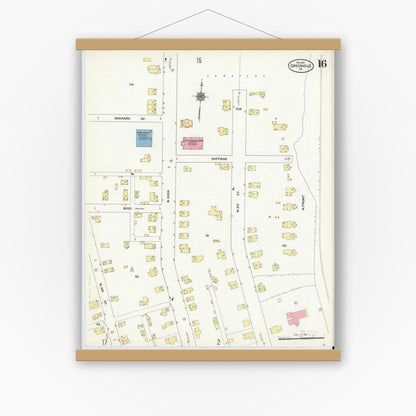Old map wall art mockup — magnetic wood frame on white wall — Sanborn Fire Insurance Map from Greenville, Mercer County, Pennsylvania (1911), Sheet #0016