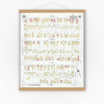 Old map wall art mockup — magnetic wood frame on white wall — Sanborn Fire Insurance Map from Circleville, Pickaway County, Ohio (1927), Sheet #0015